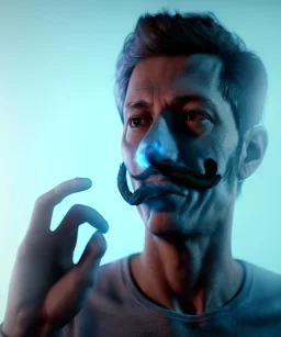 Realistic image, a guy making the fuck you gesture with his hand, blue smoke coming out of his eyes, nose and mouth. soft color, highly detailed, unreal engine 5, ray tracing, RTX, lumen lighting, ultra detail, volumetric lighting, 3d, finely drawn, high definition, high resolution.