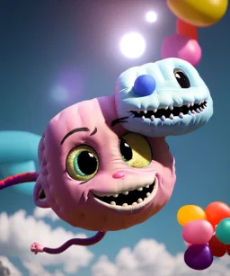 Ultra realistic speed clouds sky scene, wide angle view, sweet childs falling down, inflatable color clothing, free jumping flying, many trinkets, monster head, hair monster, many jelly beans, balls, smile, happy, circus style, extreme, wind, clouds sea, 20,000 feet altitude, stratosphere, soft color, highly detailed, unreal engine 5, ray tracing, RTX, lumen lighting, ultra detail, volumetric lighting, 3d, finely drawn, high definition, high resolution.