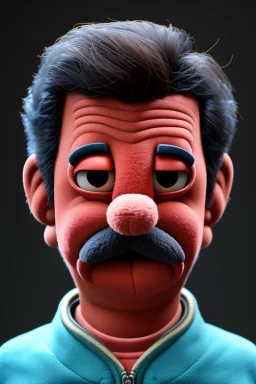 Waist up muppet Portrait, Nicolas maduro us muppet doll, black hair, Venezuelan president, red tracksuit, mustache, photo studio, blue background, unreal engine 5, concept art, art station, ray tracing, lumen lighting, ultra detail, volumetric lighting, 3d.