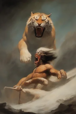 A giant albino Bengal tiger Snarling at Conan the Barbarian - oil painting by Frank Frazetta