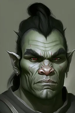 Portrait of an half-orc, grey skin, proud look, short dark hair