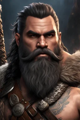 dnd character art of dwarf barbarian, plaited beard, bare chested, tattooed, high resolution cgi, 4k, unreal engine 6, high detail, cinematic, concept art, thematic background, well framed