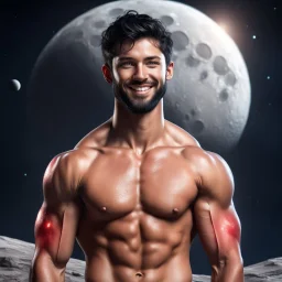 Hyper Realistic Shirtless Muscular Young Handsome man with beard & short black hair & red eyes on moon smiling in outer space