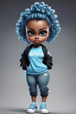 Create an airbrush image of a curvy chibi cartoon black female wearing a light blue jogger set and black sneakers. Prominent make up with hazel eyes. Extremely highly detailed of messing curly bun