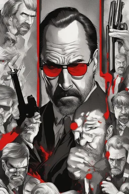 a tough looking, angry Hans Gruber wearing solid red glasses