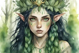 fantasy watercolor portrait of a young female forest druid elf with startling green eyes, black hair with green braids. wearing a crown of thistles. yellowish-brown skin and green freckles. background primeval forest