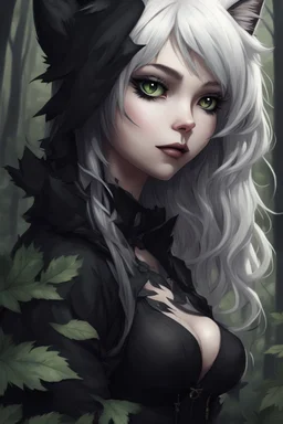 CAT GIRL, goth, forest, nature, cartoon, leaves, half black half white hair, boobs, portrait