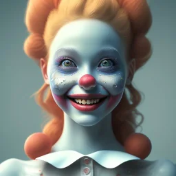 Ultra detailed very beautiful smileing cute clown girl,beautiful real skin, red nose, shallow of dept 3d, symmetrical, ultra detailed curl hair, ambient lighting, ultra detailed face, concept art, circus,party, digital painting, octane render,quixel megascans, depth of field (or dof) art by artstation