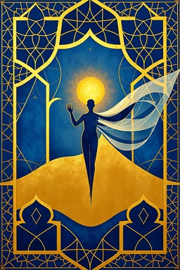 A contemporary abstract painting that merges Islamic geometric art with human symbolism. The background features intricate Islamic geometric patterns in deep indigo and antique gold, creating a sacred architectural harmony. At the center, a semi-abstract human figure (or silhouette) emerges, partially integrated with the geometric lines — as if formed from light and geometry. Surrounding the figure is an abstract flowing shape of luminous waves or energy, symbolizing spirit and thought. A second