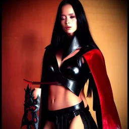 Ultra realistic, beautiful woman, long hair, 8-pack abs, black robe, evil, long nails, dark red and gold leather armour, magic, hung