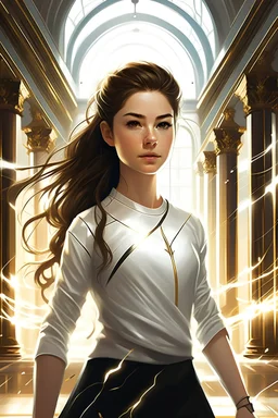 A 17-year-old girl with brown hair, who was wearing a long-sleeved white shirt and black pants, both decorated with a single sliver stripe down each side, with lightning bolts zipping everywhere in a palace ball.
