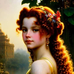 Hyperdetailed oil on canvas, young robyn lively by an ornate fountain, goldfish pond, lotus, detailed face, long muti-hued red curly hair; by gaspar camps, maxfield parrish, alphonse mucha, cyril rolando, dan mumford; luminous colorful sparkles, glitter, airbrush, octane render, volumetric lighting, 16k