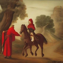 a man dressed in red on a horse meets a stranger on the road, medieval style