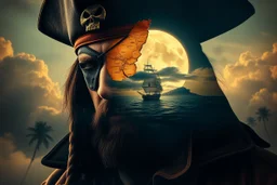 create a surreal double exposure of a pirate captain with a leather eye patch bearing a skull emblem. His face is overlaid with a faded treasure map, torn and weathered. Inside his silhouette, a pirate ship sails near a distant island under a full glowing moon, clouds drifting past, palm trees in the background. His coat and hat blend into storm clouds, golden and dark blue tones, ultra-detailed, cinematic --v 7 --style raw --ar 3:4