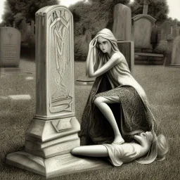 Woman crying laying next to a tombstone, cute, beautiful