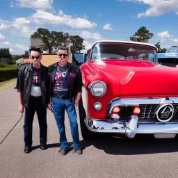 a 50s Greaser BAND standing in front of a hot rod