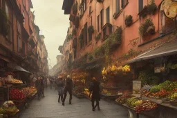 +A greengrocer in colorful+bologna+genoa street+Italian medieval town+Italian city on sea+alphonse mucha, greg rutkowski,matte painting, cryengine, hyper detailed, felix kelly, fantasy art, seb mckinnon