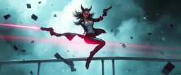 airbrush 3d rendering, mafia cyberpunk stylish lady dr smick Vex is now officially in stasis. No experiments. No clones. No accidental galaxy-ending breakthroughs. sci fi guns and rays, shattering glass background, flying debris, jumping guard rail pose. fog smoke