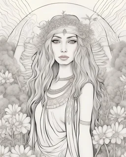 a coloring page in the outline ink style: the close-up face of an adult egyptian girl with blond long hair surrounded by flowers, leaning towards the viewer, with a natural landscape in the background. In the style of Tim Burton, black graphic outlines, without gradients, in a rough style