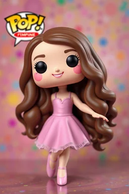 Funko Pop, very young female 12 , long wavy brown hair, pink ballerina dress, dance pose, smiling, very happy, colorful background, face painted, typography, 3D render.