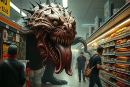 A horrific giant monstrosity abomination monster with sharp teeth, guts, secretions, unnerving appearance, long tongue, grotesque body, poisonous stingers, chasing grocery store employees down the isle, chaos and horror, cinematic body horror