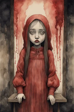 Girl feel nauseous, watercolor illustration by <John Kenn Mortensen>, darkred tones,