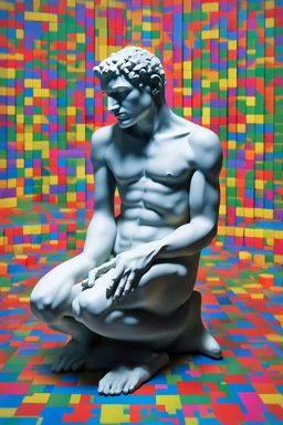 Artistic photo in the audacius style of Jill Greenberg, upclose striking image about "The Thinker statue", the statue as main focus in a white room with his body covered in movie scene shadows playing on the body about news and movie scenes. Exploding into the air are colourful matrix data and virtual numbers, on the floor are broken pieces of statue, questioning the role of deep thought in an increasingly digital and disconnected world, , extravagant, barroque escene