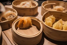 A selection of Dim Sum in bamboo steamer baskets, on a table in a posh restaurant using the Sony Alpha A7R IV, food photograpy style, macro lens, close up shot 50mm f/ 1, 4