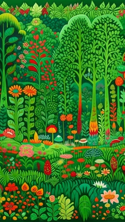 A green forest with flowers designed in Oaxacan alebrijes painted by Lucas van Leyden