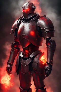 Automaton, warforged, medieval, full suit of armor, red glow from inside, fire inside chest, exhaling smoke