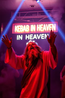 An "Kebab man" performing at dance club, his name is "Kebab man" and looks crazy, Jesus on stage, White and light blue Neon lights and smog, "KEBAB IN HEAVEN" SIGN ON WALL