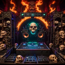 DJ of the damnded, insanely detailed DJ booth in hell, MID set, speakers and equipment made of bone, anatomically correct, add more skulls in th audience, photorealism, vray, 8k 3d, woofers in all empty eye sockets of stage equipment, wide angle, telephoto, from audience, all multicolored skulls,