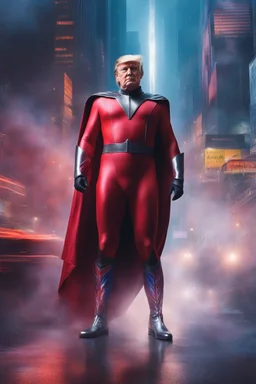 Donald Trump as 'Maga Man,' Extremely Muscular, Skintight, formfitting crimson bodysuit, cobalt cape, silver boots, Multicolored vortex, multicolored lightning, neon lit futuristic cityscape, mist, fog, speed, extremely overexaggerated musculature, "MAGA MAN"