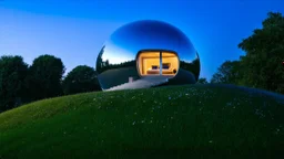 A gleaming spherical home stands on a grassy hill. The sphere is actually two interlocking orbs, whose seamless glass exteriors form a figure eight. Soft ambient lighting emanates from within, giving the structure an ethereal glow as dusk approaches. The lower sphere contains open, communal living spaces, while the upper sphere houses enclosed, private bedrooms. A spiral staircase connects the levels. Lush greenery surrounds the base, with colorful wildflowers dotting the landscape.