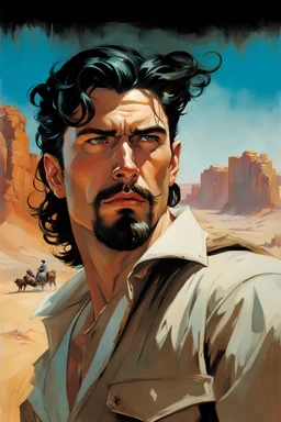 A Dark-Haired Man With A Strong Jaw And A Short Goatee, in the desert, by Gil Elvgren and Alex Ross and Carne Griffiths