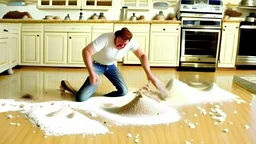 husband meekly pours baking flour all over the the floors and throw rug looking for make believe invisible tabletops