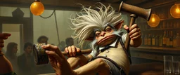 hårete gremlin slug bartender med vind i håret på fest med stor slegge aker ned sklie malt av Rembrandt