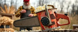 pop corn bucket that looks like a chain saw, with a lawman eunuch maker in the background