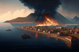 Dutch island city with wallson fire in the distance