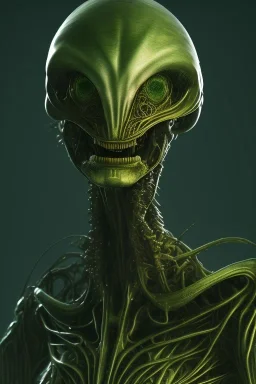 green alien, head, evil, 8k, finely detailed, photo realistic, HR Giger style