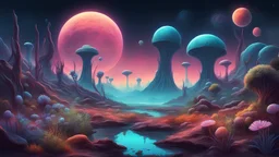 A captivating sci-fi digital painting of an alien landscape, teeming with otherworldly plants that emit a soft, eerie glow. Weird, bioluminescent creatures of various shapes and sizes roam the landscape, blending seamlessly with the vibrant flora. In the distance, a cluster of distant planets can be seen, each with unique colors and textures. The overall ambiance of the painting exudes a sense of mystery, wonder, and exploration.