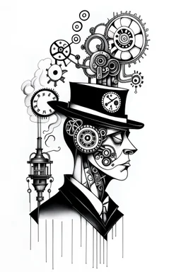 steam punk ink drawing, surrealism, minimalistic, black and white
