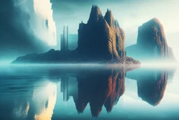 distant modern city, sea, mist, rocks, lake reflection, epic, sci-fi, movie poster