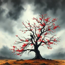 create a wide watercolor painting of a bare, ancient tree with vivid red blossoms under a stormy autumn sky, lightning illuminating grey clouds, icy-necked black-and-white vulture watching silently, amber leaves scattered, fading background, emotional depth, apocalyptic and contemplative tone --v 7 --ar 16:9