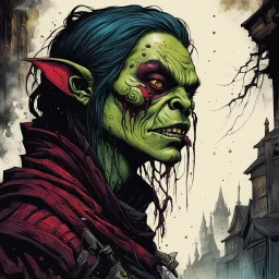 highly detailed color woodcut concept illustration of a world weary, female Orc thief character , maximalist, sharp focus, highest resolution, in the styles of Alex Pardee, Denis Forkas , Bill Sienkiewicz, and Masahiro Ito, boldly inked, 8k, coarse, gritty textures
