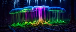 giant bio luminous Rainbow floating high, 12 long JellyFish, smaller jellyfish above everything, light floating in a forest, mist, light trails, nighttime, long exposure, Treeline, Alberta, scientist, Dystopian, Hyper detailed, Realistic, Extreme depth of field, bokeh blur, Alberta all-natural, National Geographic, in the style of candid, imperfection, natural lighting, cinematic, Fuji Film, Anamorphic lens, 2040s, --ar 4:5 --w 150 --style raw