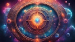 a high-quality ultra-realistic conceptual image of the universal law, depicting abstract symbols and patterns in vibrant colors, digital art, cosmic backdrop, celestial elements, intricate details, mystical atmosphere, front view, digital painting, high resolution, cinematic, trending on art platforms.