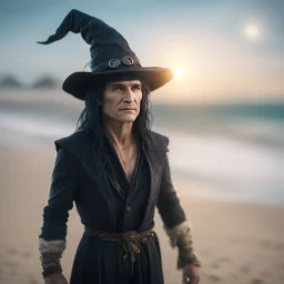 corey feldman as a witch on the beach ,bokeh like f/0.8, tilt-shift lens 8k, high detail, smooth render, down-light, unreal engine