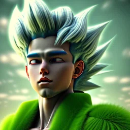 Son-goku with white hair in a green field, cyberpunk close-up, realistic, ray tracing