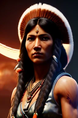 Native American female warrior,athletic build, ominous, dnd character portrait, waist up portrait, intricate, oil on canvas, masterpiece, expert, insanely detailed, 4k resolution, retroanime style, cute big circular reflective eyes, cinematic smooth, intricate detail , soft smooth lighting, vibrant colors, hokusai style arm sleeve tatoo